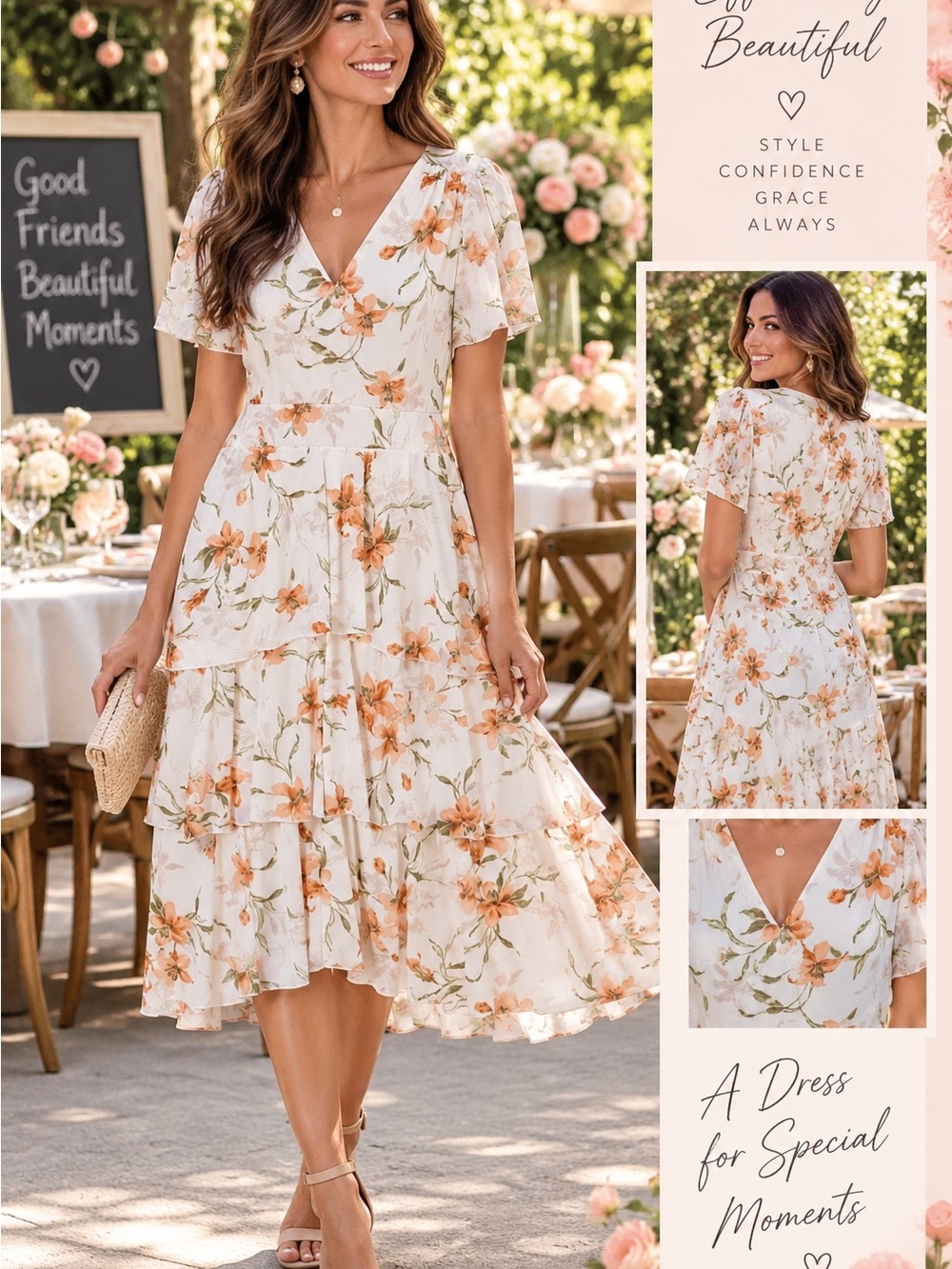 Floral V-Neck Tiered Midi Dress in Ivory and Peach